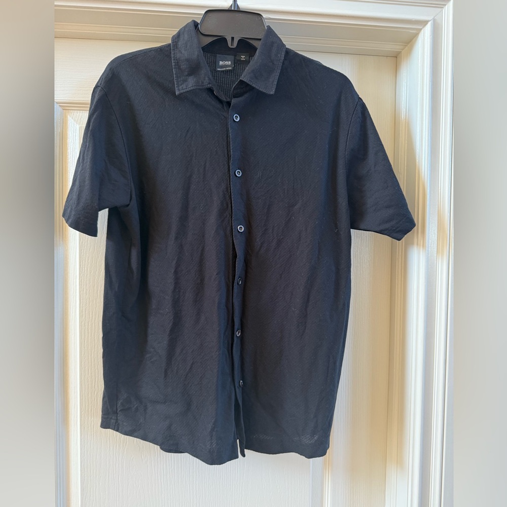 Hugo Boss Men's Large Black Button Down Short Sleeve Cotton Lightweight Shirt